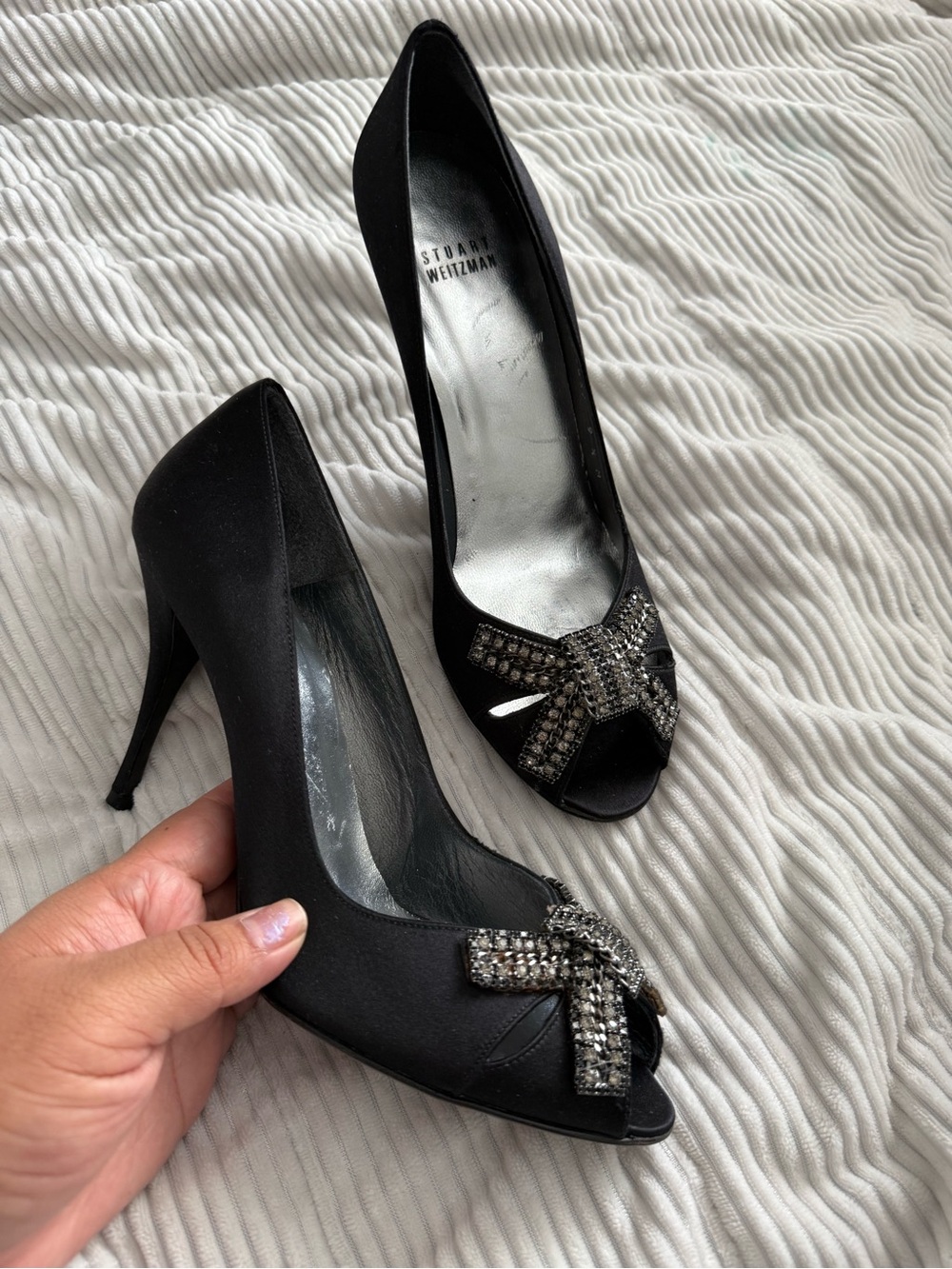 Stuart Weitzman Black Satin Peep-Toe Heels with Crystal Bow